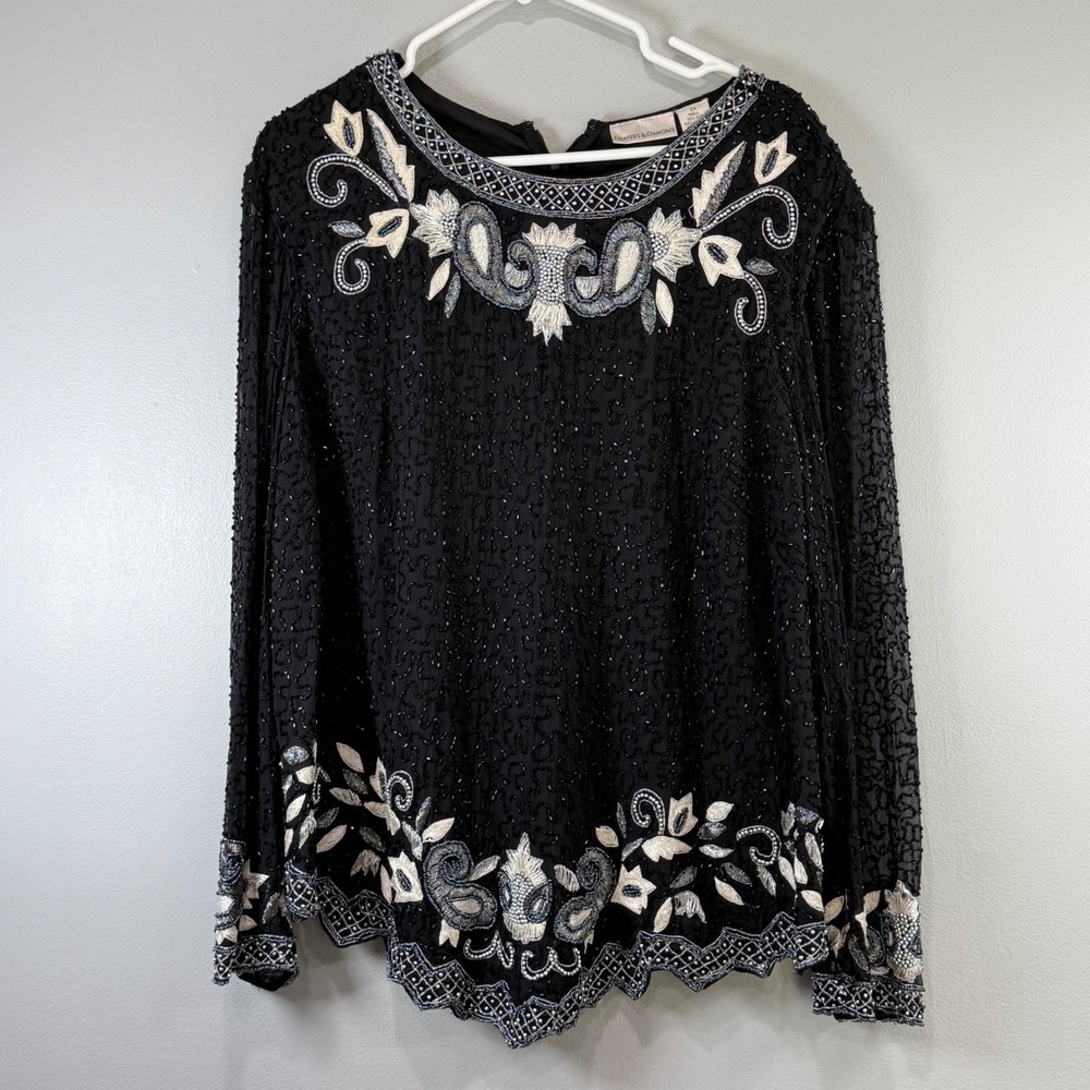VTG 90's Drapers & Damons 2X Black Silk Beaded Top‎ whimsigoth art deco style